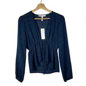 BCBGeneration Dark Navy Blue Textured Stripe Tie Front Long Sleeve XXS